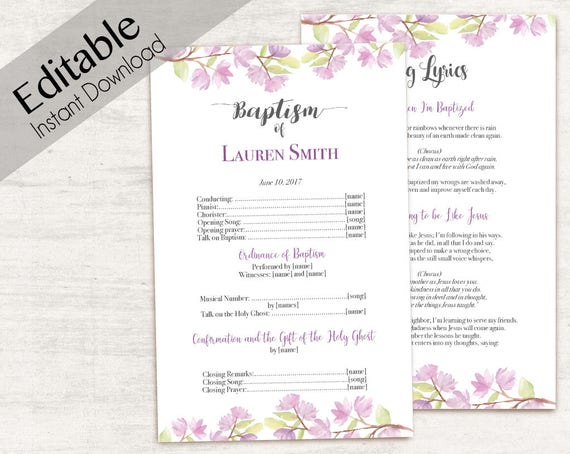 Baptism Program, Editable PDF, Printable Digital Handout Girl Baptism, Purple flowers, cherry blossom, Baptism Template