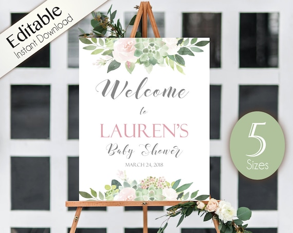 Succulent Welcome Sign Baby Shower, Template Baby Shower, Editable PDF, Welcome Baby Shower Sign, Succulent Dusty Rose Flowers, Baby Shower