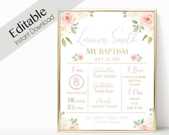 Baptism Editable Chalkboard Print, DIY, Chalkboard Sign, Baptism Milestone Sign, Baptism Decorations, Baptism Prop, Girl Baptism Decor