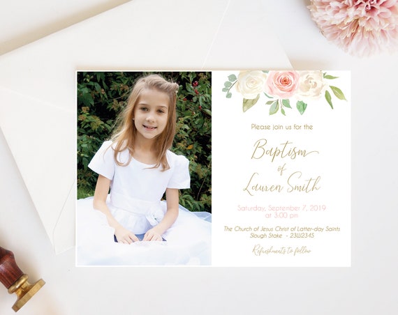 Baptism Invitation Girl, Editable PDF, Girl Invitation, Baptism Invite, Invitation Template, White flowers Blush Pink Watercolor Floral Gold