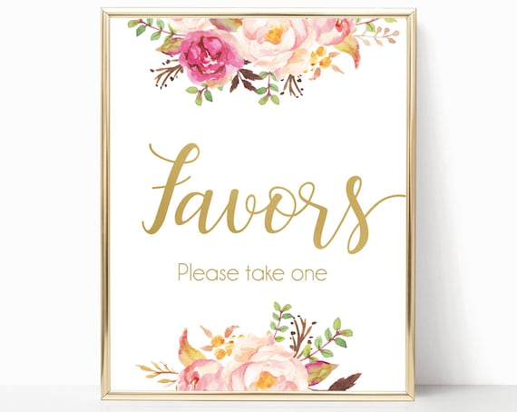 Favors Sign, Romantic Blooms Rose Floral and Gold, Favours Sign, Bridal Shower sign, Wedding Sign, Wedding Shower Sign, Please take one sign