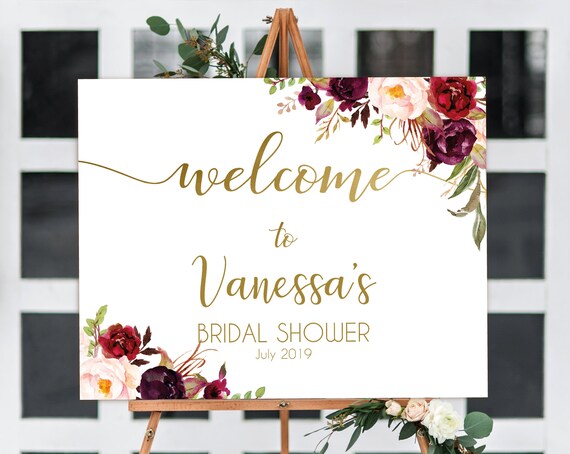 Welcome Sign Bridal Shower, Template Bridal Shower, Editable PDF, Welcome Bridal Shower, Marsala Burgundy Blush Floral Gold, Editable Sign