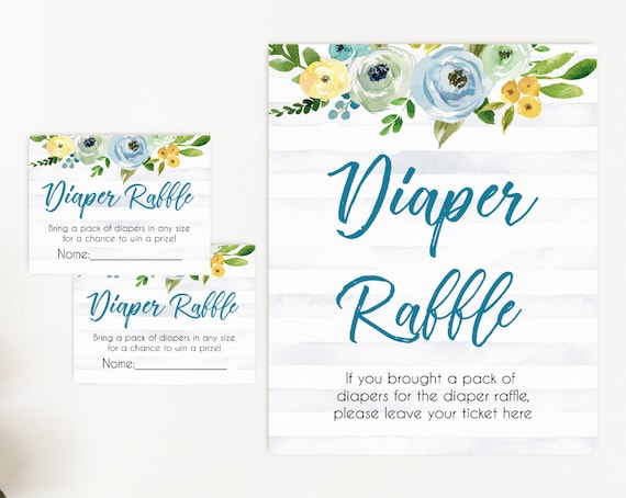 Diaper Raffle Baby Shower Sign Set, Diaper Raffle Tickets Baby Shower, Blue Baby Shower Sign, Baby Shower Boy Diaper Raffle, Floral Sign