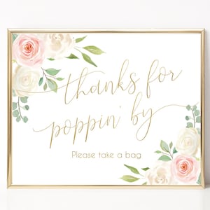 Thanks For Popping By Printable Sign Baby Shower Sign, Wedding Popcorn, Shower Favor Popcorn, Popcorn Bar Sign, Blush Pink White Floral Gold