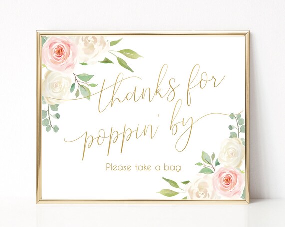 Thanks For Popping By Printable Sign Baby Shower Sign, Wedding Popcorn, Shower Favor Popcorn, Popcorn Bar Sign, Blush Pink White Floral Gold