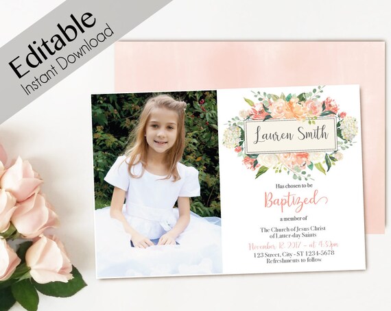 Baptism Invitation Girl, Editable PDF,  Girl Invitation peach flowers, Baptism Invite, Flower watercolor Baptism Invitation Template