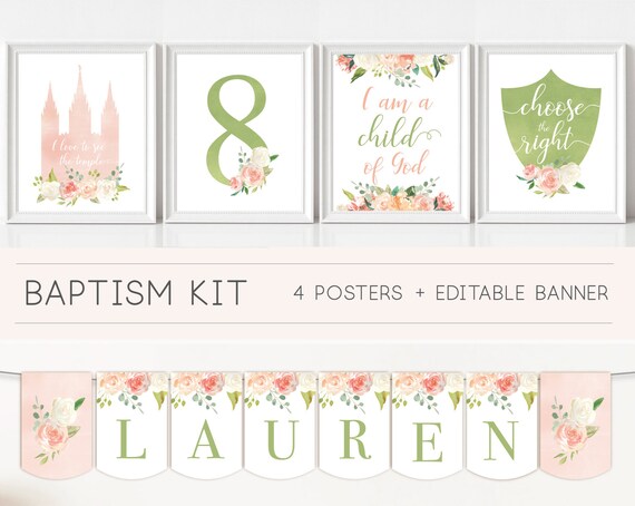 Baptism Girl Kit, Poster Baptism, Editable banner, peach green flowers, Temple Poster, CTR poster, I am a child of God Poster, LDS Baptism