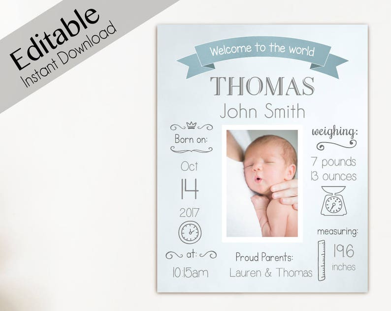 Editable PDF Birth Announcement Print Sign poster wall art instant download BIRTH Stats printable wall art template whiteboard boy baby