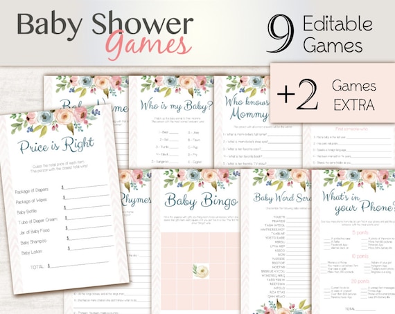 Baby Shower Games Pink, floral, Editable Baby Shower Games Package Set Bundle , Editable games, Baby Shower Games Girl, Floral Game Set,