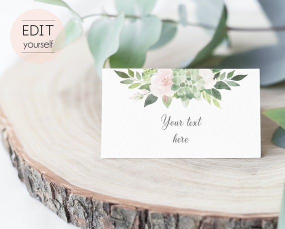 EDITABLE Tent Cards, Bridal Wedding Tent Cards, Printable, Succulent Greenery Dusty Rose Flowers, Editable Place Card Bridal Shower