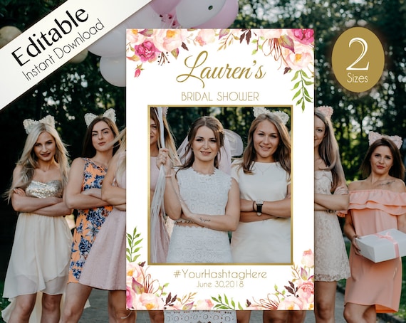 Bridal Shower Photo Booth Frame, Photo Prop Frame, Birthday Photo Booth Prop,  Editable PDF, Romantic Blooms Rose Floral Gold