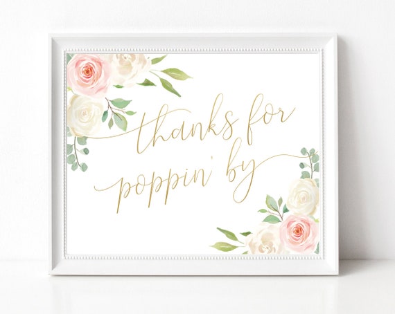 Thanks For Popping By Printable Sign Baby Shower Sign, Wedding Popcorn, Shower Favor Popcorn, Popcorn Bar Sign, Blush Pink White Floral Gold