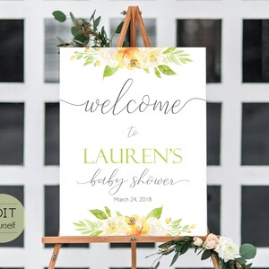 Signo de bienvenida Baby Shower, Plantilla Baby Shower, PDF editable, Signo de bienvenida Baby Shower cítricos florales, flor amarilla verde, Signo editable