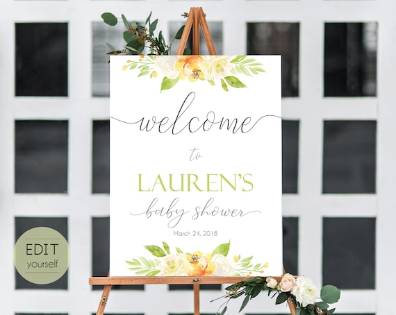 Welcome Sign Baby Shower, Template Baby Shower, Editable PDF, Welcome Baby Shower Sign citrus floral, green yellow flower, Editable Sign