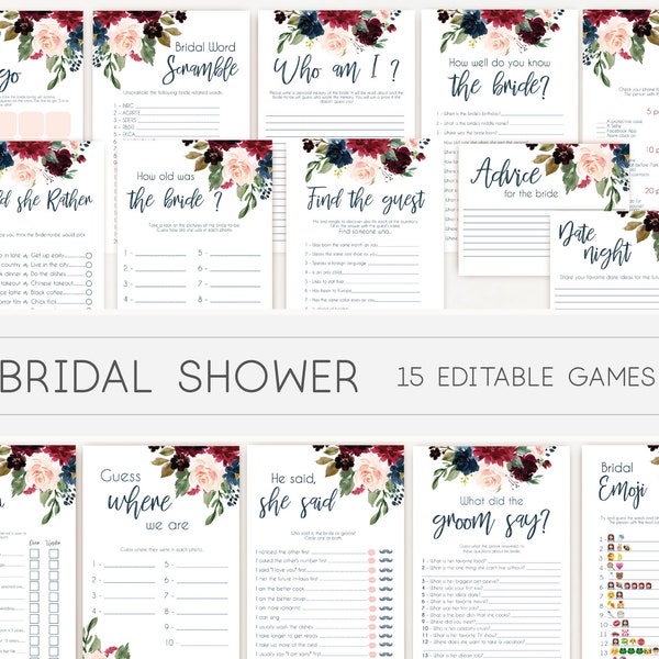 Bridal Shower Games, Bundle floral shower, wedding shower game editable printable game Bridal Game, Blue Navy Marsala Burgundy Blush Floral