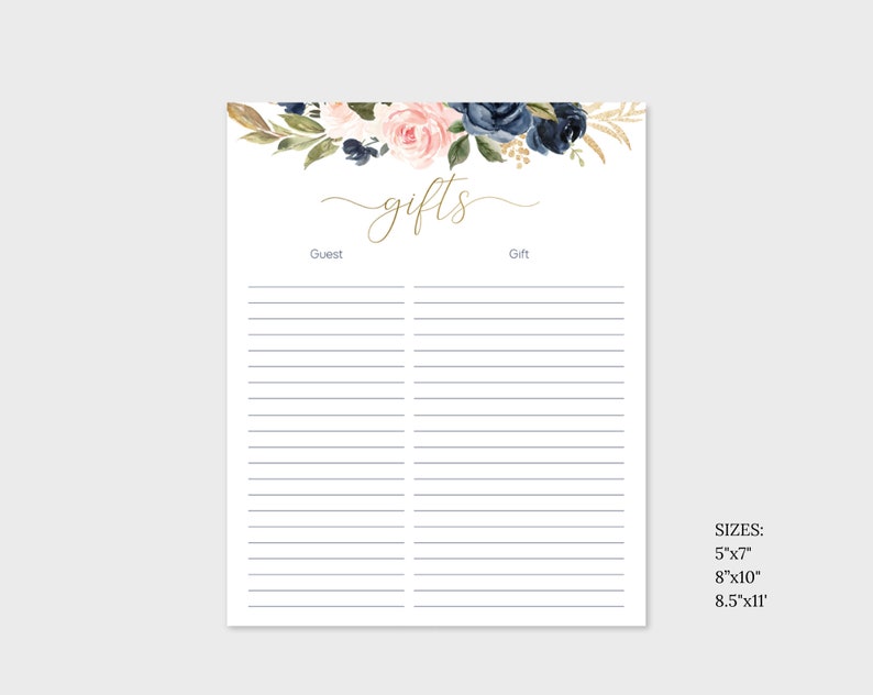 Gift List Printable Sheet Bridal Shower Gift List Printable Etsy