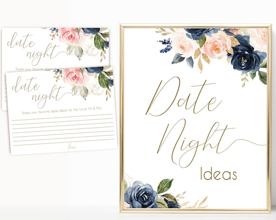 Date night ideas, Navy Blush Pink Flower Gold, date night cards, date night sign, Instant Download, BG01