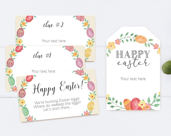 Easter Egg Hunt Clues, Editable Easter Scavenger Hunt Clue Cards, Happy Easter Printable Gift Tags, Editable Favor Tags Easter, Corjl