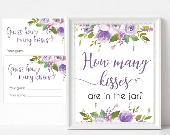 How many kisses are in the jar sign, Floral Bridal lilac lavender, How many kisses cards and sign, Bridal Shower How many kisses