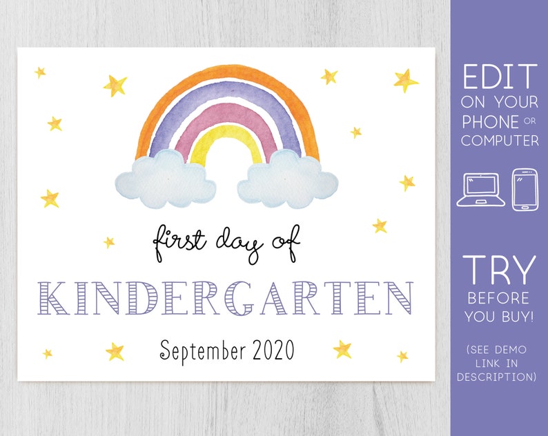 Editable First Day sign, First Day of School Sign, Printable Kindergarten Sign, Rainbow, Printable file, INSTANT DOWNLOAD, Corjl image 2
