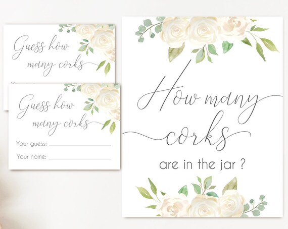 How many corks are in the jar sign, Romantic White Flowers, How many corks cards and sign Bridal Shower How many corks