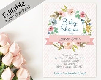 Baby Shower Invitation, Editable PDF, Instant Download, Baby Shower girl, flowers Editable Invitation Baby, Editable baby shower template