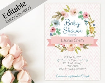 May include: Pink and blue floral baby shower invitation with a chevron pattern background. The invitation says "Baby Shower honoring Lauren Smith" and includes the date, time, address, phone number, and RSVP information. It also says "Lauren is registered at Target".