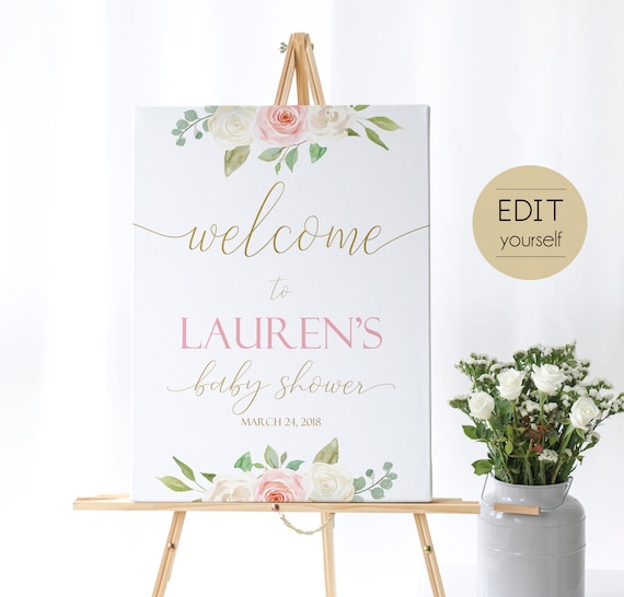 Welcome Sign Baby Shower, Template Baby Shower, Editable PDF, Welcome Baby Shower Sign Romantic White Blush Pink Floral Gold, Editable Sign