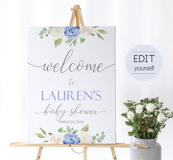 Welcome Sign Baby Shower, Template Baby Shower, Editable PDF, Welcome Baby Shower Sign, Welcome Sign Blue, Editable Sign