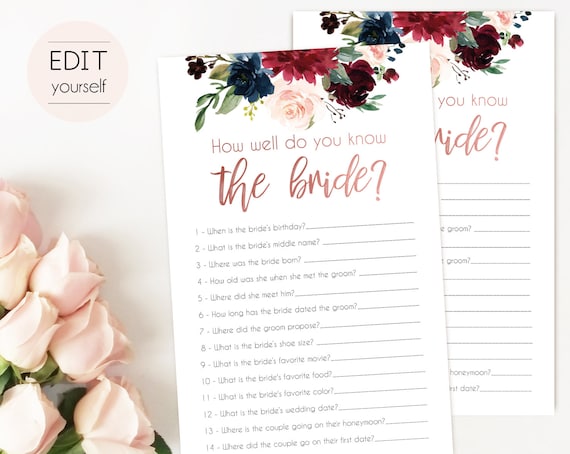 Bridal Shower Game, How well do you know the bride, Editable PDF, Bridal Shower Navy Marsala Rose Gold, Editable Game