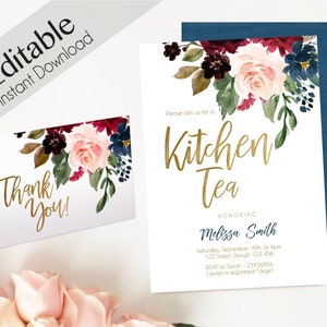 Invitation de thé de cuisine, PDF modifiable, douche nuptiale, bleu marine Marsala Bourgogne Blush or, carte de remerciement, modèle de thé de cuisine bricolage