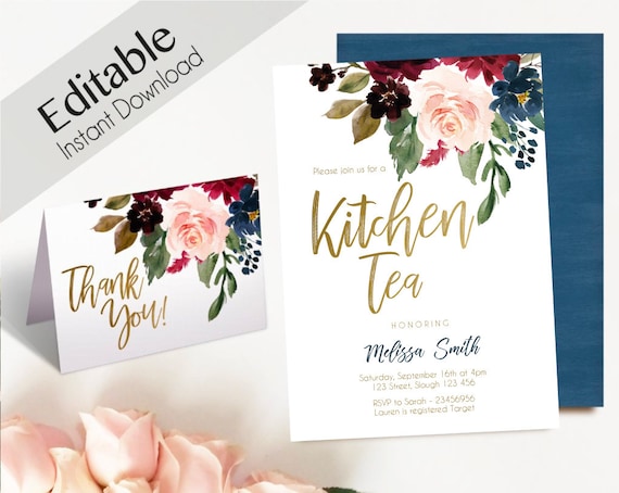 Kitchen Tea Invitation, Editable PDF, Bridal Shower, Blue Navy Marsala Burgundy Blush Gold, Thank you Card, DIY Kitchen Tea Template