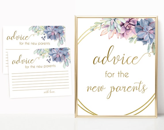 Editable Advice for the new parents sign, Editable Advice Cards, Baby Shower Sign Printable, Succulents Lilac Blue Pink, Baby Shower