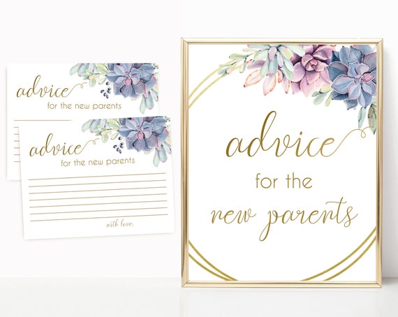 Editable Advice for the new parents sign, Editable Advice Cards, Baby Shower Sign Printable, Succulents Lilac Blue Pink, Baby Shower