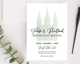 May include: A green and white invitation for a Temple & Priesthood Preparation Meeting. The invitation features a silhouette of a temple with the text "Temple & Priesthood Preparation Meeting" and the details: "Sunday | December 7 | 7:00PM Slough Stake Center All children turning 12 in 2022 and their parents are invited to attend. Refreshments to follow."