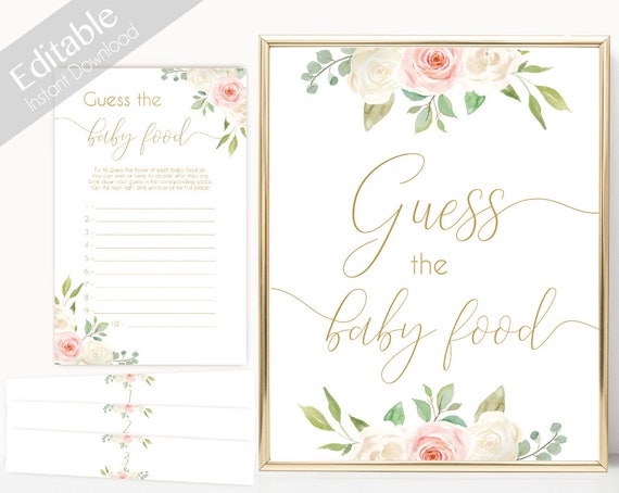 Guess the food baby Sign, Food baby cards, Baby Shower Printable Game, Romantic Blush Pink Floral Gold, Baby Shower, Instant Download