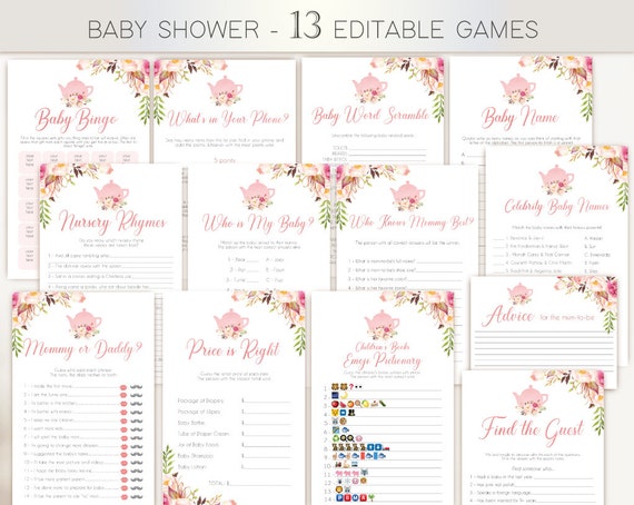 Baby Shower Games, Baby Tea Games, Editable Baby Shower Games Package Set Bundle, Romantic Blush Bloom Pink, Baby Tea Games, Tea pot, Corjl