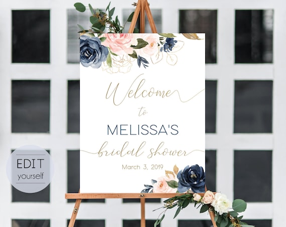 Welcome Sign Bridal Shower Template, Editable PDF, Editable Navy Gold Dusty Rose Floral Bridal Shower Welcome Sign, Printable, BG01