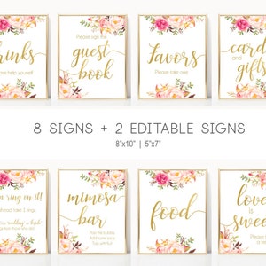 Bridal Shower Sign Set, Bridal Shower Sign Package Bundle, Printable Bridal Tea Sign, Editable Romantic Blooms Rose Floral Gold Sign, Corjl