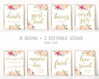 Bridal Shower Sign Set, Bridal Shower Sign Package Bundle, Printable Bridal Tea Sign, Editable Romantic Blooms Rose Floral Gold Sign, Corjl