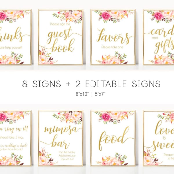 Bridal Shower Sign Set, Bridal Shower Sign Package Bundle, Printable Bridal Tea Sign, Editable Romantic Blooms Rose Floral Gold Sign, Corjl