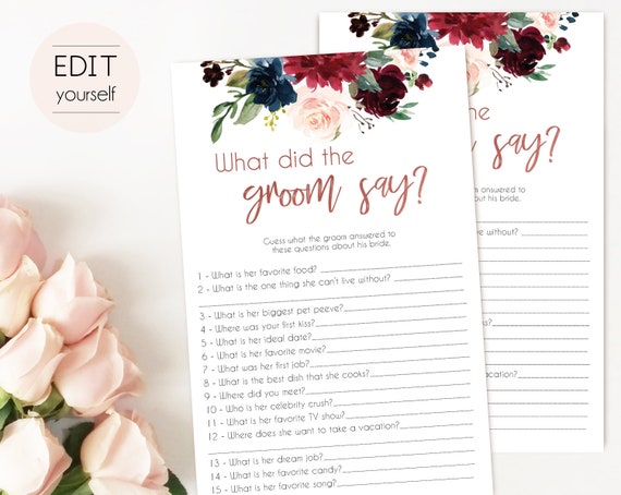 Bridal Shower Game, What did the Groom Say about his Bride?, Editable PDF, Bridal Shower, Blue Navy Marsala Burgundy Blush Rose Gold