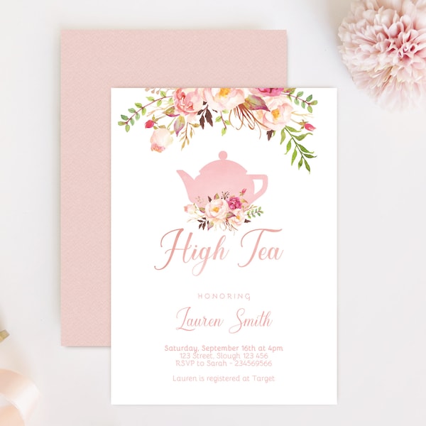 High Tea Invitation, High Tea Bridal Shower, Tea Party Birthday, Romantic Blush Pink Floral Bloom, DIY Bridal Tea Invitation Pink Tea pot