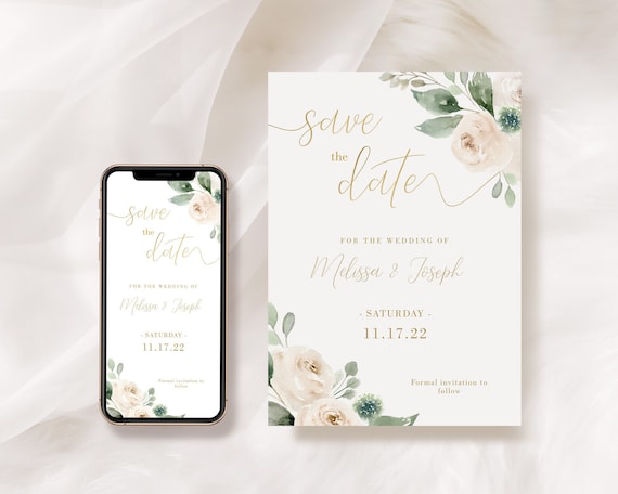 Save The Date Template, Greenery White Gold Save the Date Digital Download, Smartphone, Greenery Save the Date Digital Template, Corjl