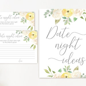 Ideas de citas nocturnas, flores blancas y amarillas, tarjetas de citas nocturnas, letrero de citas nocturnas, juego de despedida de soltera, descarga instantánea, juego de fiesta