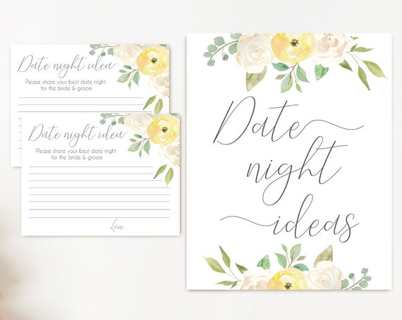 Date night ideas, White Yellow flowers, date night cards, date night sign, Bridal Shower Game, instant download, party game