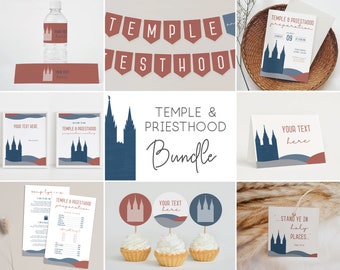 May include: A printable bundle of digital files for a Temple and Priesthood preparation party. The bundle includes invitations, signs, cupcake toppers, and water bottle labels. The design features a blue temple silhouette with red and gray accents.