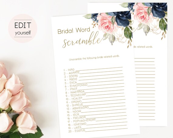 Bridal Shower Game Bridal Word Scramble Editable PDF Bridal Shower Blue Navy Blush Rose and Gold Editable Game, Editable Scramble Game