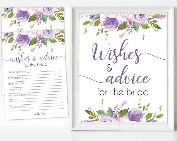 Bridal Shower Advice sign and cards, Wishes Advice Cards Bridal Shower Wishes Cards Printable watercolor lilac floral INSTANT DOWNLOAD