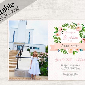 Baptism Invitation Girl, Editable PDF, Girl Invitation pink watercolor, Baptism Invite, Photo, Girl Baptism announcements, Baptism Template